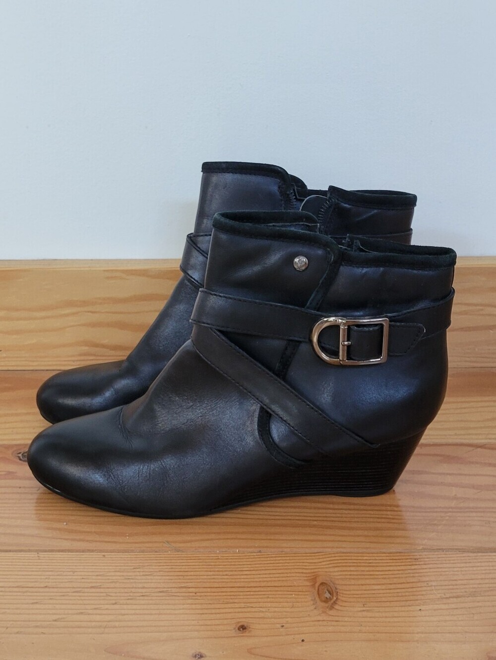 Hush Puppies Black Wedge Ankle Boots with Buckle